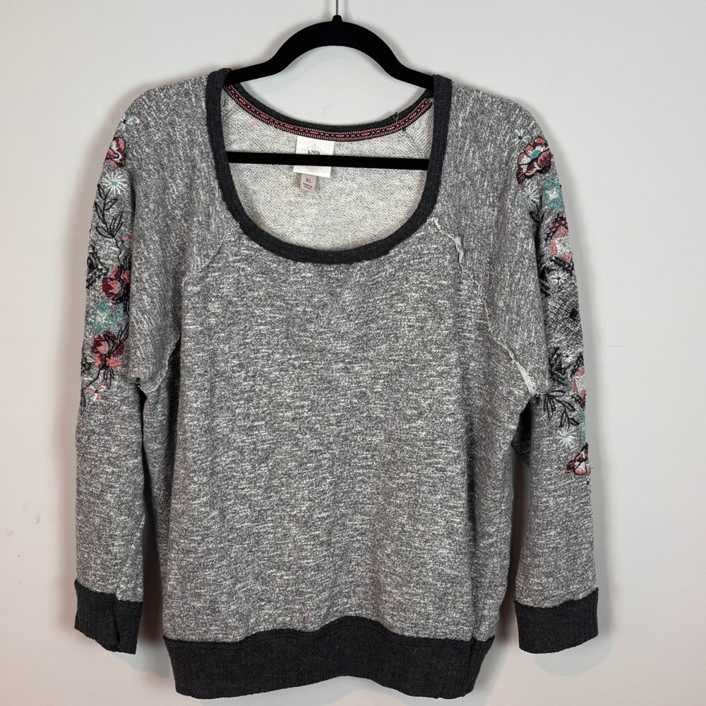 Knox Rose Womens 3/4 Sleeve Grey Embroidered Boho Pullover Sweatershirt SZ‎ XL